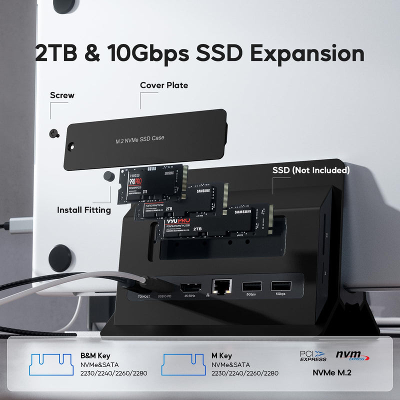 Vertical MacBook Docking Station, PULWTOP Docking Station for Mac mini with M.2 NVMe case for MacBook Pro/Air, 4K@60Hz HDMI, 2USB C 10Gbps, SD/TF, 100W PD, RJ45, 2 USB A for Windows Black