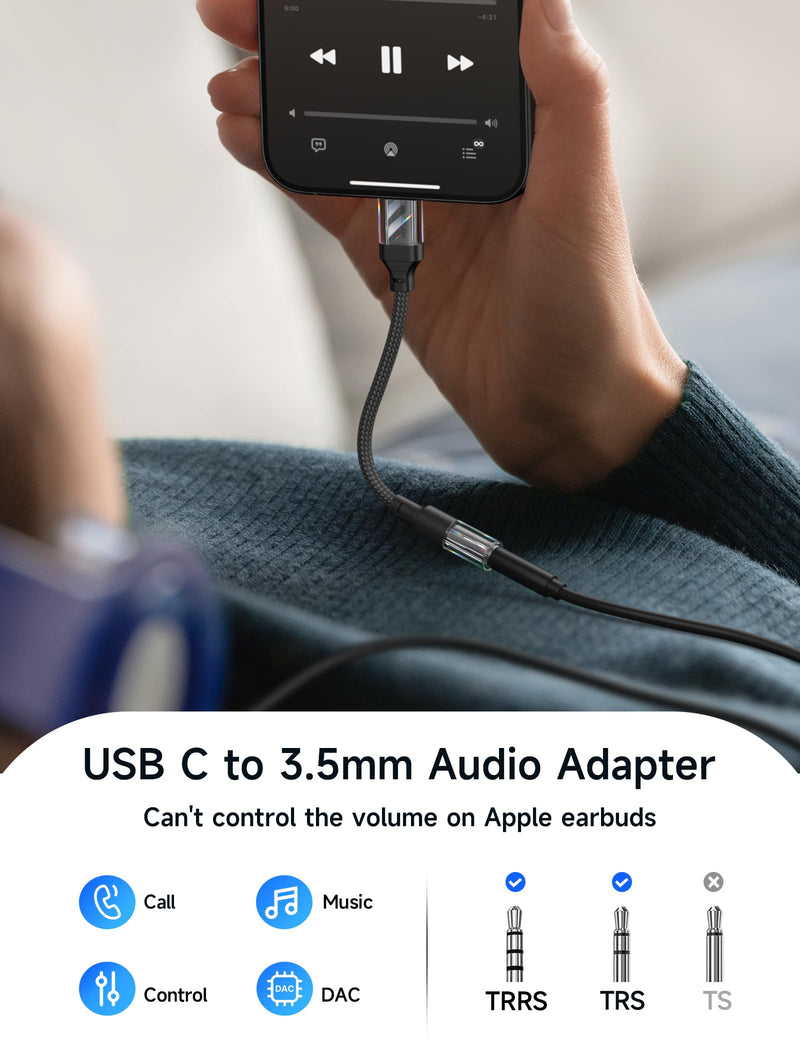 JSAUX AUX to USB C Adapter Compatible with iPhone 15 Pro Max [2Pack], USB C to 3.5mm Audio Headphone Dongle Cord Compatible for iPhone 15 Pro/15, Samsung Galaxy S24/S23/S22 Ultra, iPad Pro, Pixel 8 Black