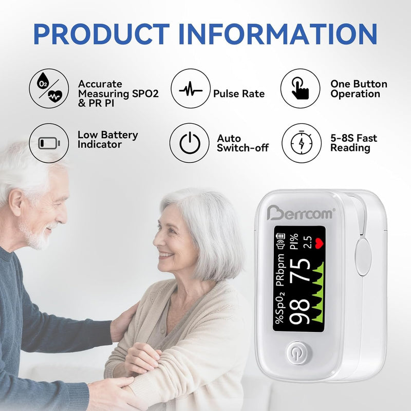 Berrcom Pulse Oximeter Blood Oxygen Saturation Monitor Finger High Accuracy Sats Monitor for Adults with Batteries and Lanyard