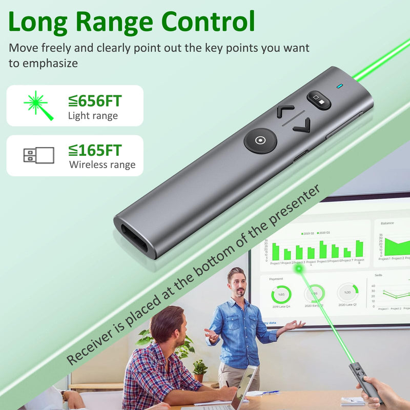 Presentation Clicker with Green Pointer, Rechargeable Wireless Presenter for PowerPoint Presentation Pointer PPT Clicker, 2.4GHz Presenter Remote Slide Advancer for Computer MacBook