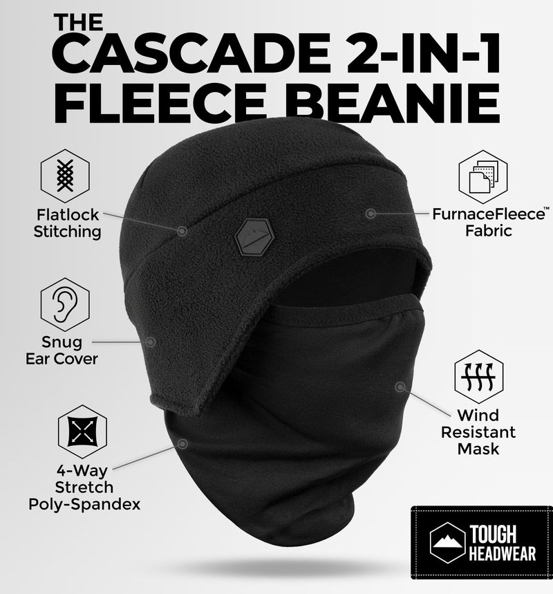 Tough Headwear Skull Cap with Face Cover-Winter Hat with Ear Flaps,Running Mask for Cold Weather,Helmet Liner &Thermal Beanie One Size 2-in-1 Helmet Liner With Face Mask