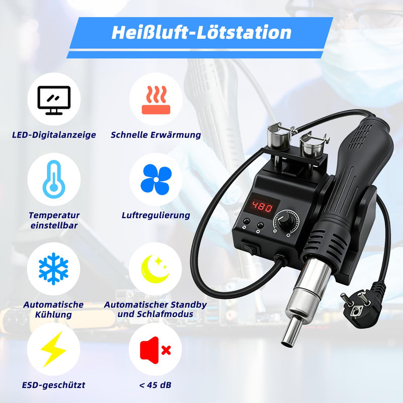 8858 Hot Air Soldering Station, Desoldering Station 700 W with LED Digital Display 100-480°C, Hot Air Soldering Station with 3 Hot Air Blow Dryer Mouthpieces, SMD Soldering and Desoldering | mit LED Digital Anzeig 100-480°C | 3 Heißluftföhn-Mundstücke ...