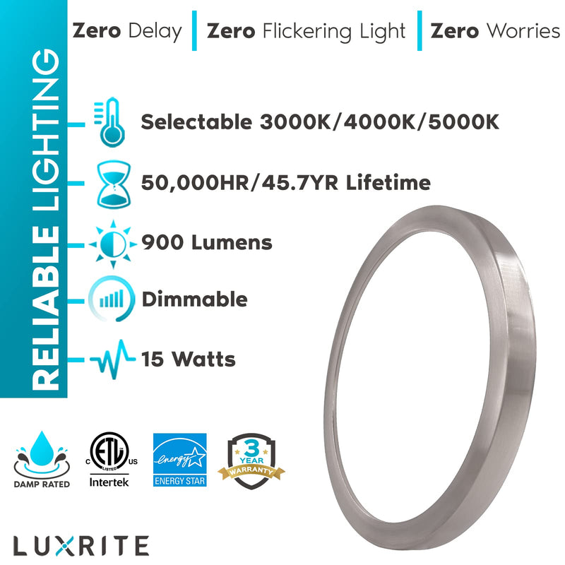 LUXRITE 7 Inch LED Flush Mount Ceiling Light Fixture, 15W, 3 Color Selectable 3000K | 4000K | 5000K, 900 Lumens, Dimmable Round LED Panel Light, Damp Rated, J-Box Installation, Brushed Nickel Trim