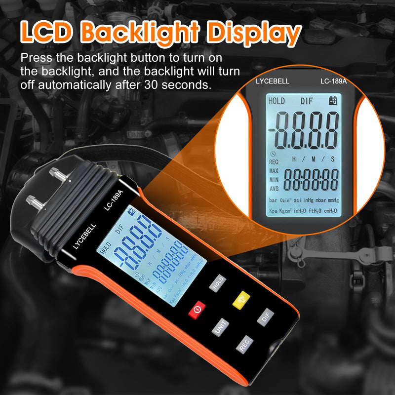LC-189A Pressure Gauge, Digital Air Pressure Gauge, Differential Pressure Gauge, HVAC Gas Pressure Gauge, Suitable for Air Pressure Measurement (Black + Orange)
