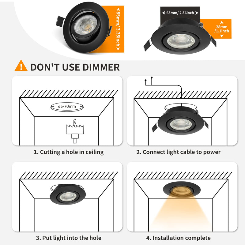 wowatt 5 LED recessed spotlights 230V black 3 levels dimmable 7W IP44 bathroom recessed lights flat ceiling spots 700LM warm white 2800K Replaces 70W halogen spots swiveling round 68mm recessed spots for bathroom warm white - black