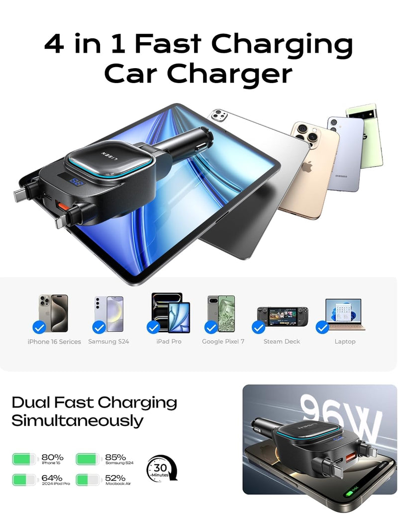 LISEN Only for Trucks 96W Fast Charging Retractable Car Charger[USB C Cable & L Cable], 4 in 1 Retractable Car Charger Fast Charging for iPhone 17 Pro Max 16 15 14 13, Samsung Galaxy S25/24,Grey Grey