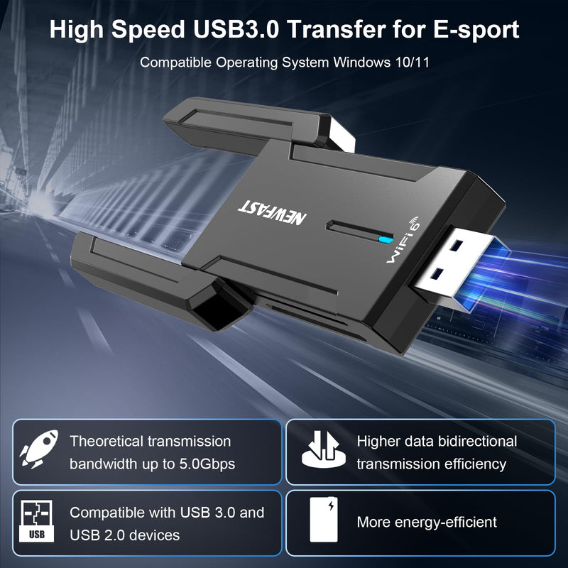 NEWFAST AXE5400 USB WiFi Adapter for Desktop PC NF-U353, Tri-Band Wireless Network Adapter for Laptop, USB 3.0 WiFi Adapter for PC,New 6GHz Band,MU-MIMO,OFDMA,WPA3,WiFi 6E Dongle for Windows 11/10 black