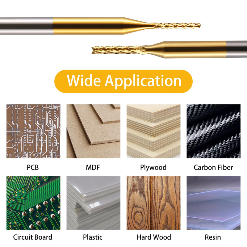 End Mill Sets,10Pcs Titanium Coat Ending Mill,1/8" Shank 0.8-3mm Micro End Mill Engraving Bits CNC Router Bits for Rotary Tools 0.8-3.0mm