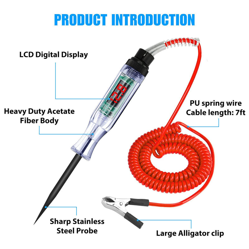 Car voltage tester with indicator light, vehicle test lamp, volt tester, current tester, tester, car test pen with alligator clip 6/12/24V