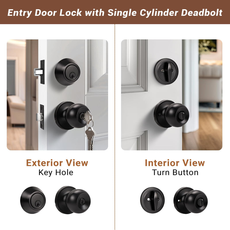 Knobonly 1 Set Keyed Same Entry Door Knob with Single Cylinder Deadbolt, One Keyway Door Lock Set in Matte Black Finish, Indoor/Outdoor Security Door Handles 1 Pack