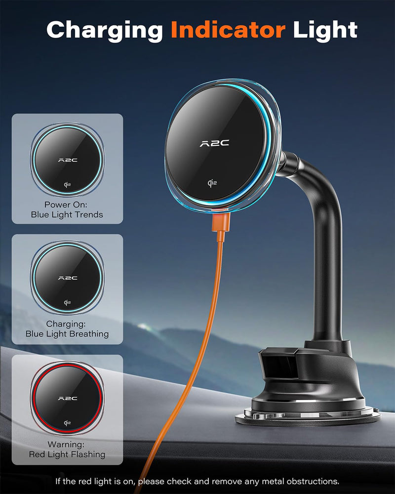 A2C for Qi2 15W MagSafe Car Mount Charger, Magnetic Phone Holder for Car Windshield/Dash - Semiconductor Cooler, LED Indicator, Fast Charging Wireless Car Charger for iPhone 17 16-12 [with PD Adapter]