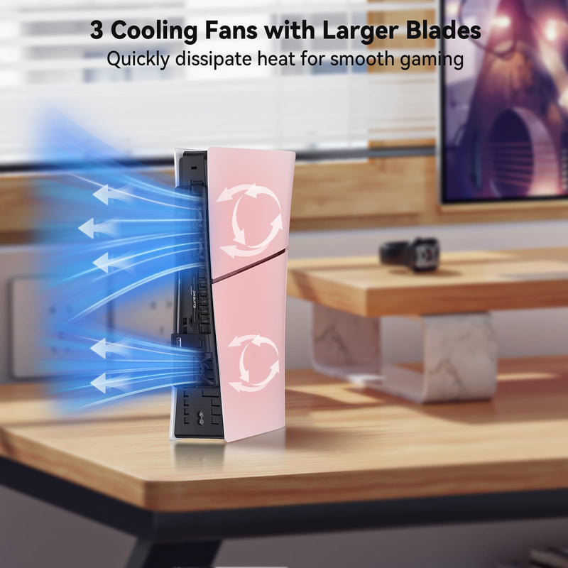 ELUTENG Cooling Fan for PS5 Slim Console Quiet Cooler Fan for PS5 Slim Disc and Digital Editions with 3 Adjustable Speeds Auto on Off Cooling Accessories for PS5 Slim with LED Light and USB 2.0 Port