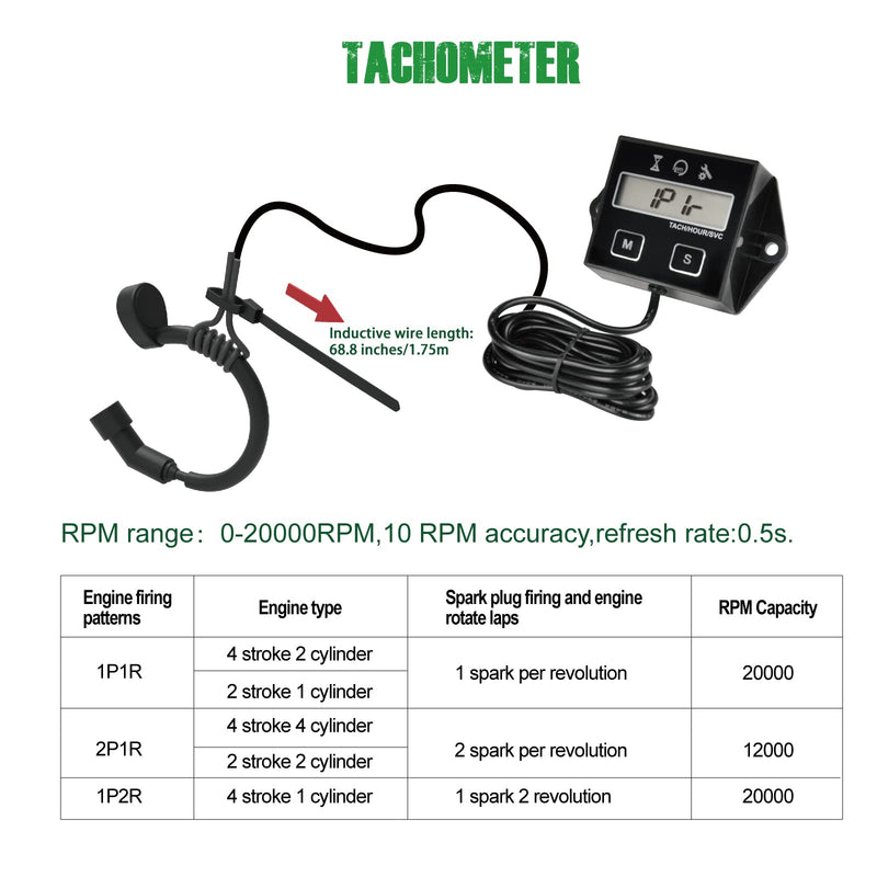 Yooreal Digital Inductive Tach Hour Meter,RPM Gauge Meter Tachometer for Lawn Mower Scooter Dirt Bike Tractor Generator Air Compressor Marine Motorcycle Snowblower Pressure Washer