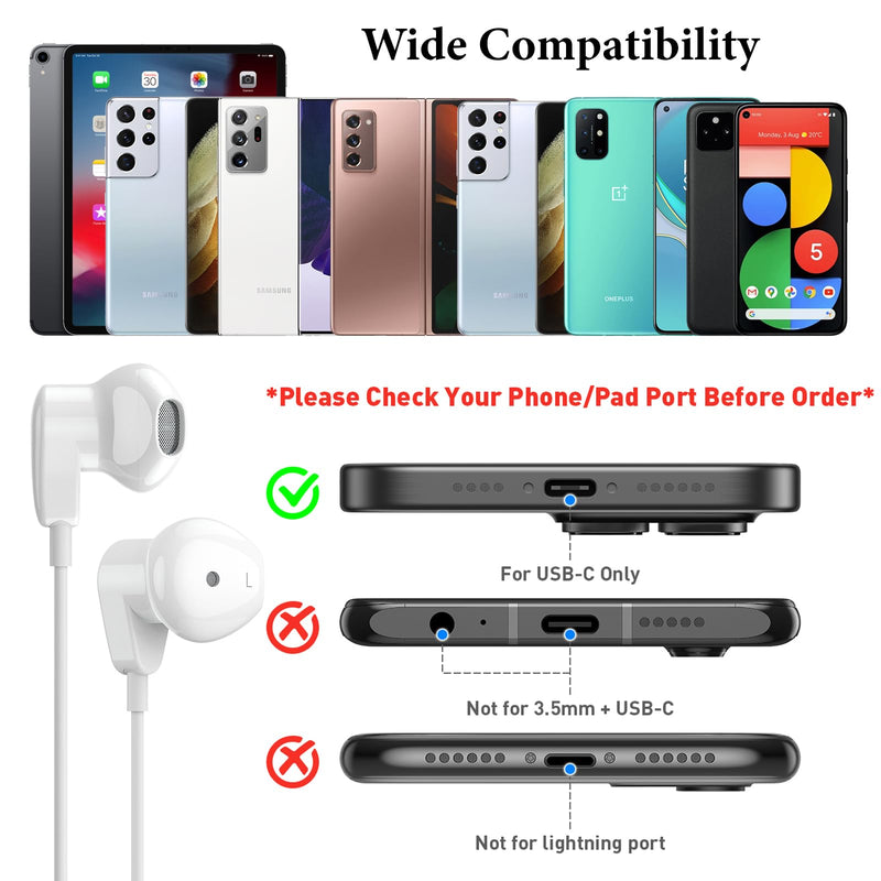 USB C Headphones for iPad Pro iPhone 15 Pro 16 Pro,USB Type C Earphones HiFi Stereo USB C Wired Earbuds Microphone Volume Control for Samsung S23 Ultra S22 S21 Note20 A54,Pixel 9 8 7 6 6a 5 4,OnePlus9 White