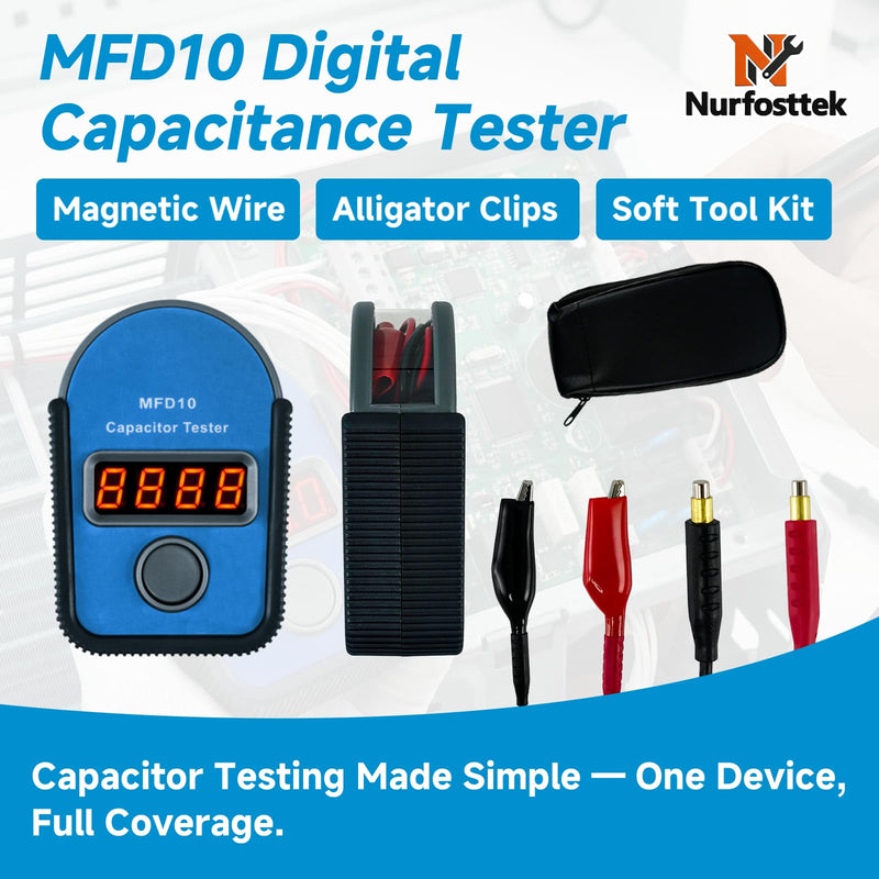 MFD10 Digital Capacitor Tester, 0.001-9999 μF Range, 5% Accuracy | LED Display, Portable for HVAC Home Appliance&Electronic Repair, Includes Magnetic Wires, Alligator Clips & Soft Tool Kit