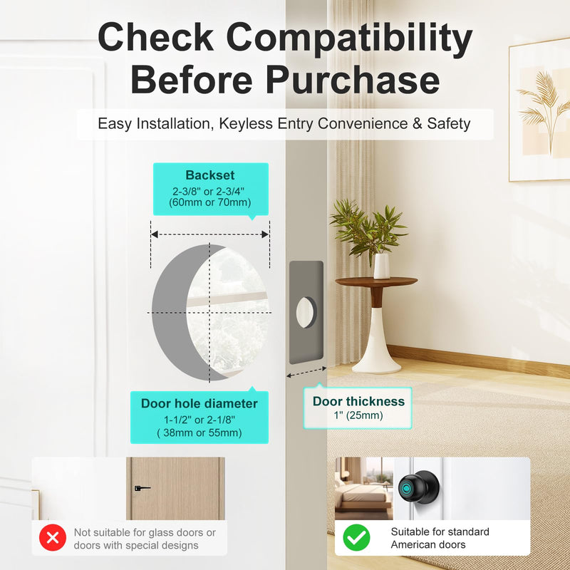 JO.KO Fingerprint Door Lock, Biometric Door Lock with App Control & Key, Smart Door Lock for Bedroom, Entry Door, Keyless Finger Print Door Knob with Thumb Print Black