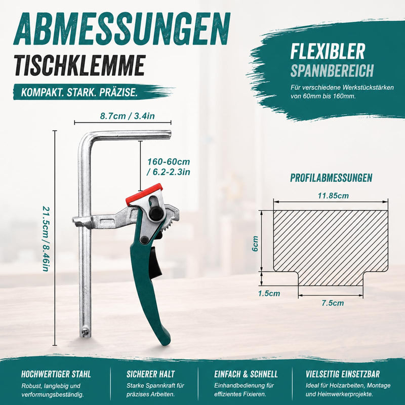 2 x lever clamps, all-steel table clamp with lever handle | Quick release ferrule with 160 mm capacity and 60 mm throat depth for cutting grinding, green 2 Piece Lever Clamp Set