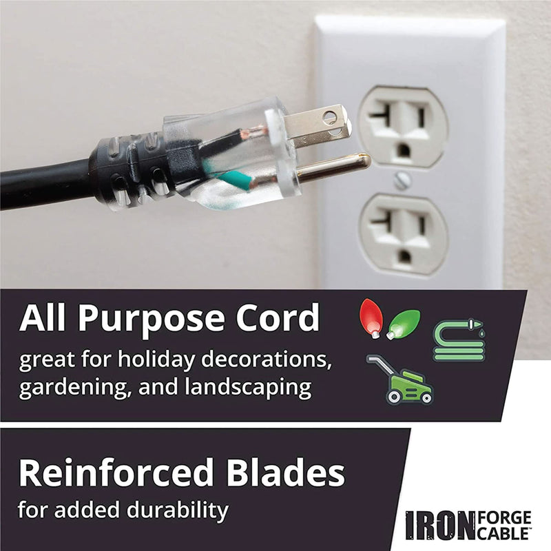 Iron Forge Cable Lighted Heavy Duty Extension Cord 6 ft - 10 Gauge Outdoor Extension Cord 15 AMP, 10/3 Black Power Cable SJTW Weatherproof with 3 Prong 6 Foot