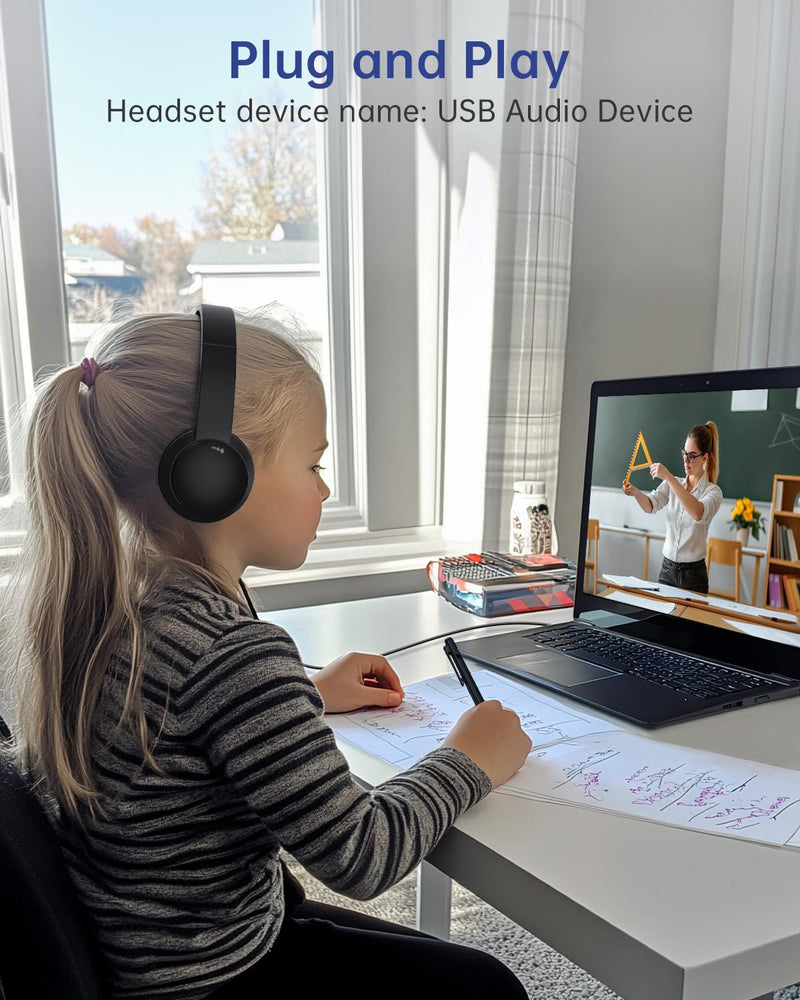 USB Headset with Microphone for PC, Wired Headphones with Mic USB Headset with Noise Cancelling Microphone, Computer Headset with Microphone for Home Office Online Class Teams Skype（Black） Black