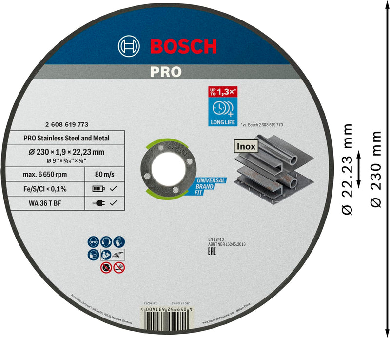 Bosch Professional 1x Standard for Inox Trennscheibe (für Edelstahl, Ø 230 x 1,9 x 22,23 mm, Gerade, Zubehör Winkelschleifer) Diameter 230 x 1.9 x 22.23 mm straight M14