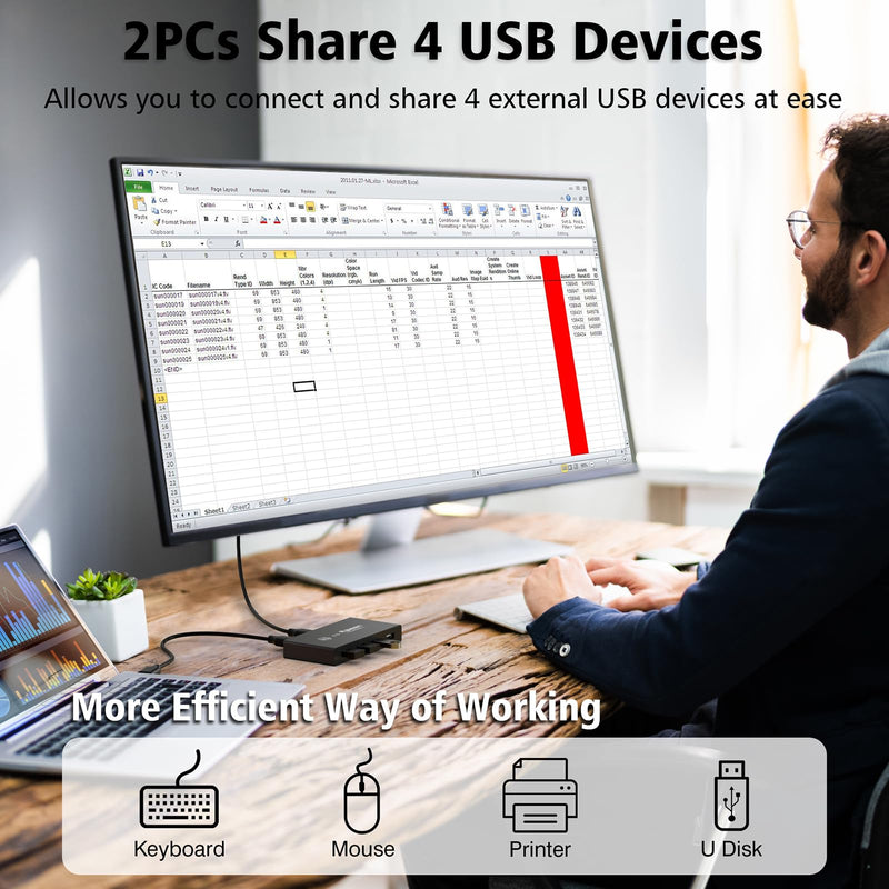 USB Switcher 2 Computers, USB Switch 2 PC Sharing 4 USB Devices, 2 in 4 Out with 2 USB 2.0 Cable(1m) for Keyboard, Mouse, Scanner, Printer Video Converter