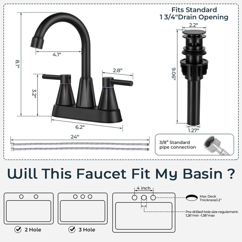 4" Bathroom Sink Faucet, 2-Handle Matte Black, Pop-Up Drain Included | 360° swivel spout, ceramic cartridge, 20% water-saving aerator, RV ready