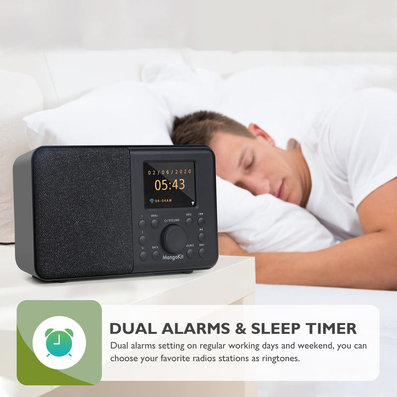SR10 Internet Radio,WIFI Radio,Podcast Player, Bluetooth Speaker, Smart Radio, Portable FM Radio, Mains and Battery Powered Radio, Color Display,Dual Alarms, Presets,App Control Support-Black Black Mono