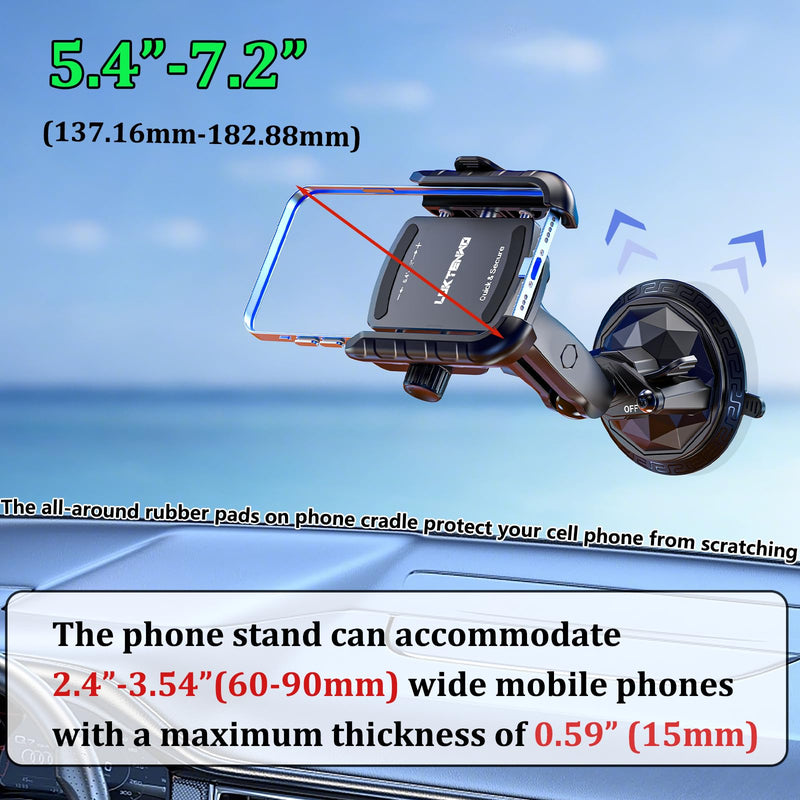 Car Phone Holder Mount with Vibration Dampener & Twist-Lock Suction Cup Base, [Camera Friendly] [1s Lock & Release] with Metal Medium Arm for Vehicle Windshields, Fit 5.4''-7.2'' Smartphones