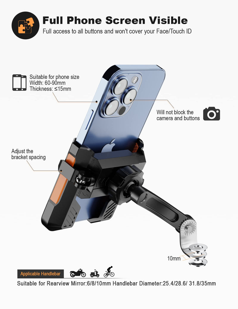 Motorcycle Phone Holder Handlebar Mount Motorbike Phone Holder Rearview Mirror【2 Connection Methods+1S Quick Disassembly】 with 360 Rotate for 4.0-7.0 inch Smartphone
