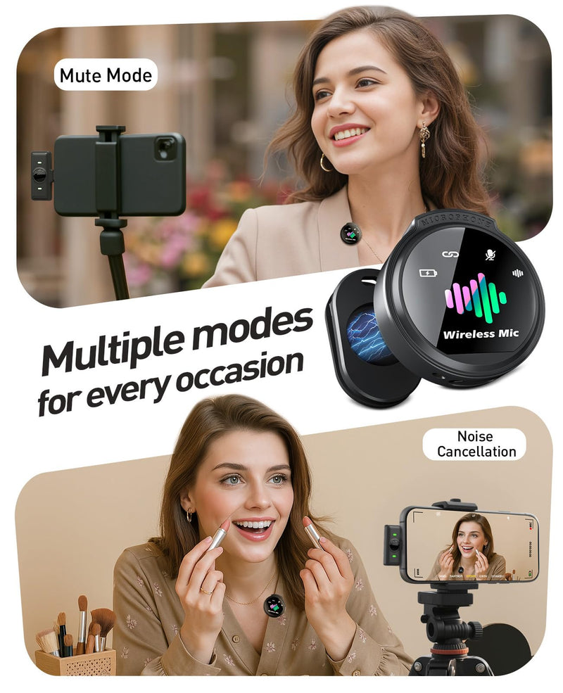 Mini Microphone for iPhone: 2PCS Wireless Lavalier Microphone for Android - Noise Canceling Magnetic Clip Lapel Mic - Vlogging & Pro Video Recording for Content Creators Black 1