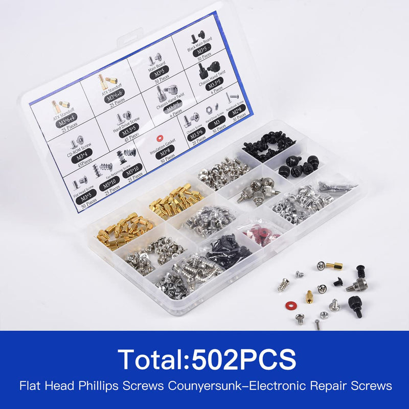 502PC Computer Motherboard Screws Kit, Motherboard Standoffs Screws for Universal HDD Hard Drive, SSD, PC Case, PC Fan, Power Supply, Graphics, CD-ROM, ATX Case, for DIY PC Installation & Repair 502PCS