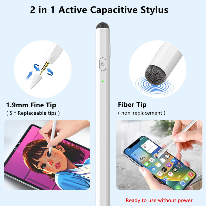 Stylus Pen for iPad, 2 in 1 Active and Capacitive Apple Pen, Fast Charge Apple iPad 10th Generation Pencil, Compatible with iPad Pro 11/12.9", iPad 6/7/8/9/10, iPad Air 3/4/5, iPad Mini 5/6 (White)