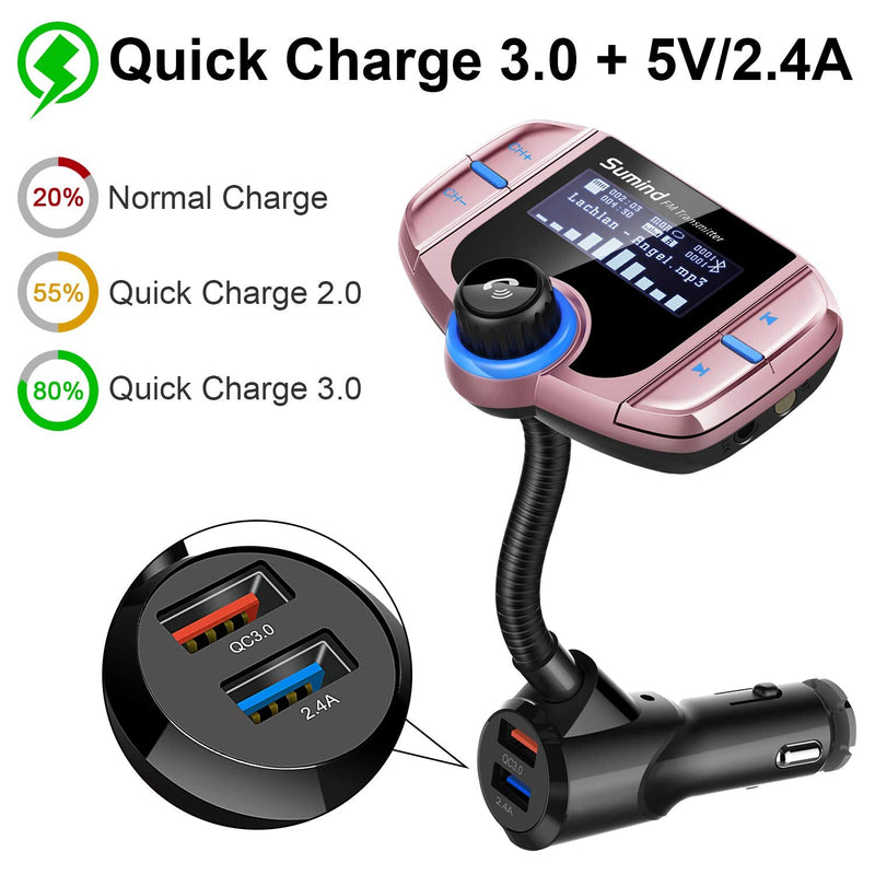 (Upgraded Version) Sumind Car Bluetooth FM Transmitter, Wireless Radio Adapter Hands-Free Kit with 1.7 Inch Display, QC3.0 and Smart 2.4A USB Ports, AUX Output, TF Card Mp3 Player(Rose Gold) Rose Gold Normal