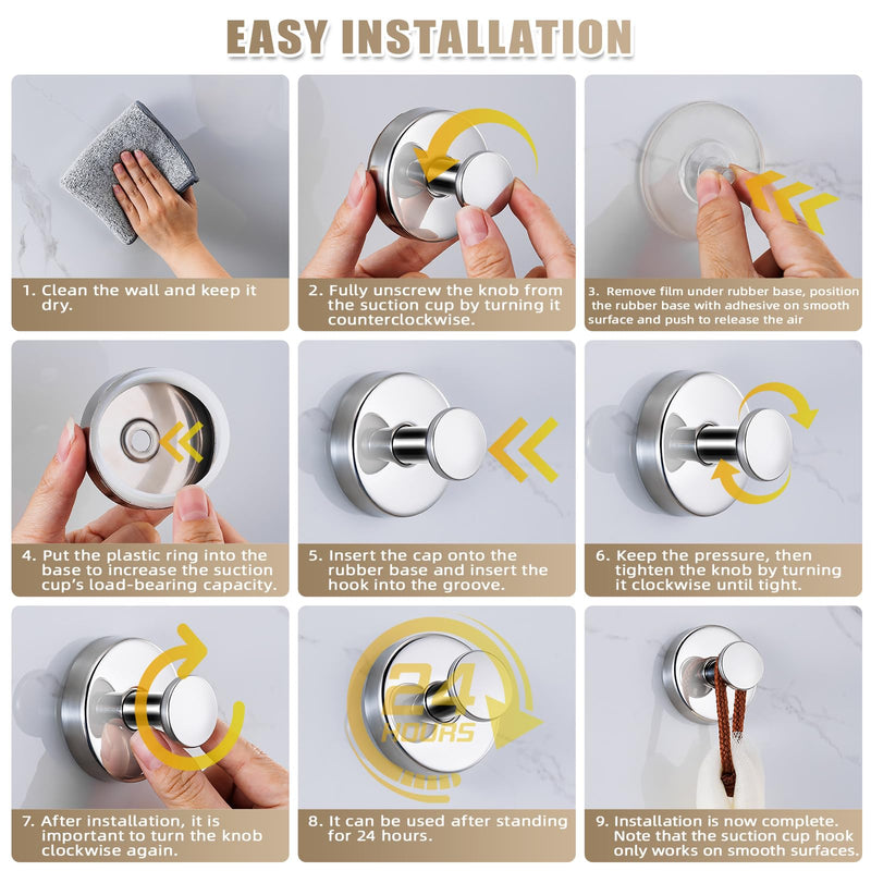 Suction Cup Hooks for Shower No-Drill Bathroom Hooks for Towels, Robes, Loofah Mountable on Bathroom Walls, Kitchen, Glass, Mirrors,Tile,Smooth Non-Porous Surfaces,Removable,4pcs,Chrome Polished 4 Chrome Polished