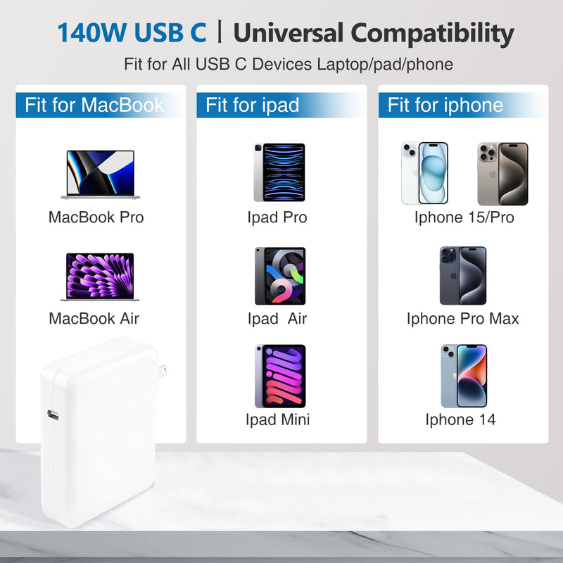 Charger for Mac Book Pro 140W USB-C Power Adapter, Compatible with MacBook Pro 16, 15, 14, 13 Inch, MacBook Air 13 Inch, iPad Pro 2024/2023/2022/2011/2020,M1 M2 M3,Included 6.6ft USB C to C Cable