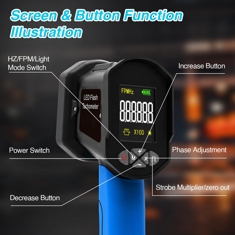 60-100000 RPM Digital Strobe Speedometer, Non-Contact Handheld LED Strobe with 0.001% Accuracy of Speed Measurement, 1500LUX, 16 LEDs, USB Rechargeable, LCD Display for Motors, Fans