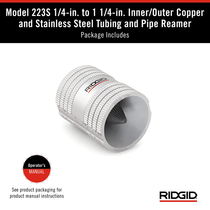 RIDGID 29983 Model 223S Internal/External Deburrer, 6mm to 36mm Deburrer, Inner Pipe Deburrer, Outer Pipe Deburrer 1/4-inch to 1-1/4-inch Single