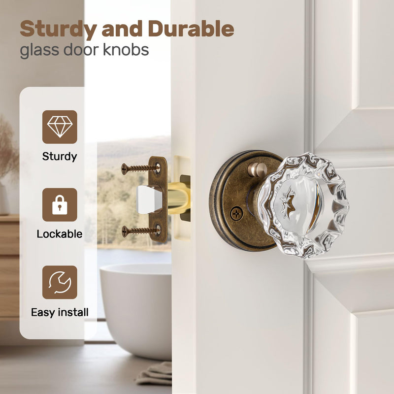 Antique Brass Door Knobs Crystal Door Knob Interior, Privacy Door Knob for Bedroom and Bathroom Glass Door Knob,Push Button Lock Privacy 1Pack Aged Bronze