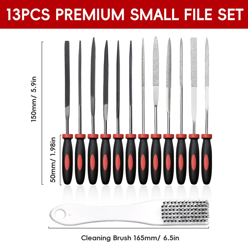 WISEUP 13 Piece Needle File Set with 6 Diamond Files and 6 Steel Files | Tool bag for jewelry, wood, plastic, metalwork and DIY enthusiasts