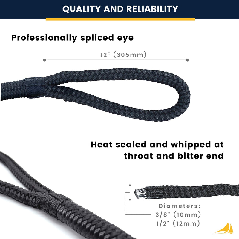 Premium Double Braided Nylon Dock Lines w 12” Eyelet & Bundle Ties - For Boats, Marine Rope, Boat Accessories - Black Black - 2 Pack 15' x 3/8"
