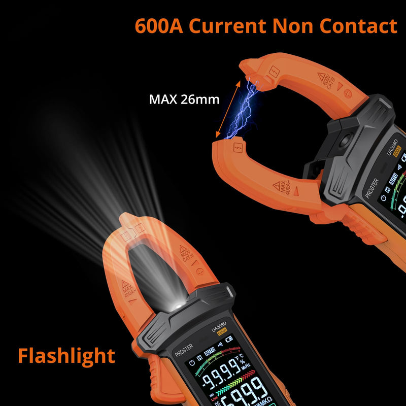 Proster Digital Clamp Meter - 600A DC AC Current 600V AC DC Voltage NCV Continuity Capacitance Resistance Frequency Diode Hz Test