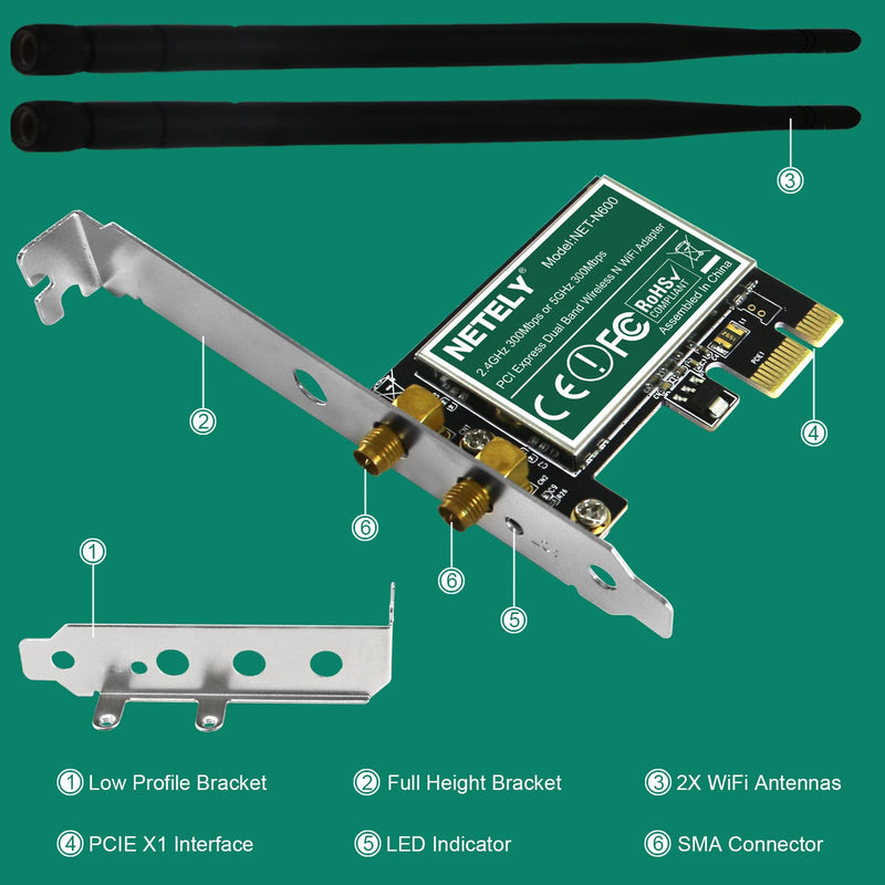 NETELY Wireless N Dual Band 600Mbps 2-Stream PCIE WiFi Adapter for Desktop PCs, PCIE WiFi Card, 2.4GHz 300Mbps and 5GHz 300Mbps, Qualcomm Atheros Wireless Network Adapter(NET-N600)
