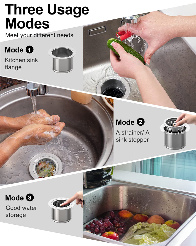 BOTEMY Extended Garbage Disposal Flange Basket Strainer Stopper, Deep 304 Stainless Steel Kitchen Sink Flange for 3-1/2 Inch Standard Sink Drain Hole, Brushed Deep Sink Disposal Flange Stopper Extended Sink Flange and Strainer