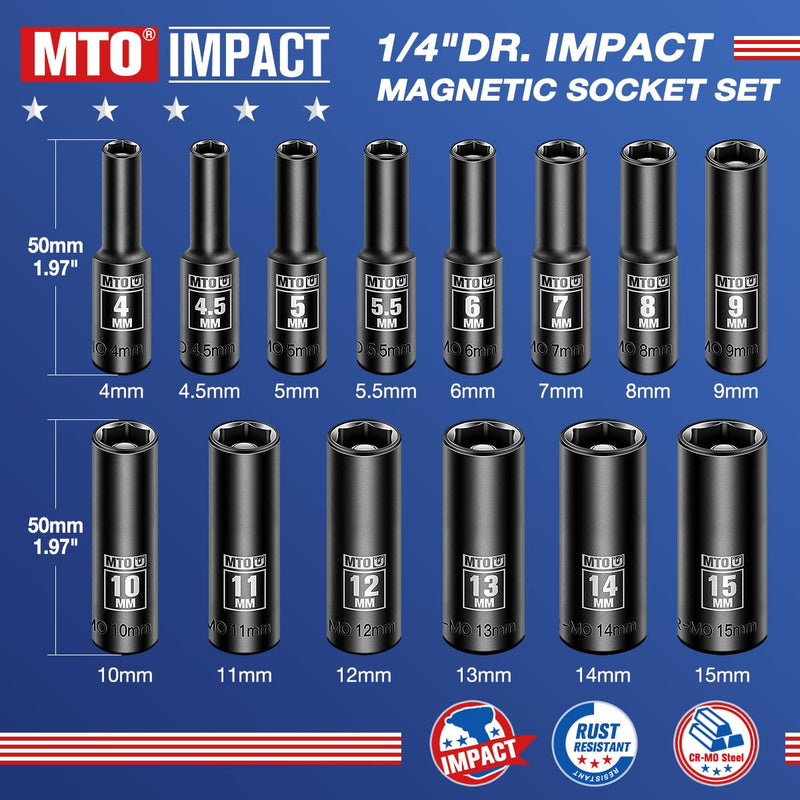 MTO 14-Piece 1/4" Drive Magnetic Deep Impact Socket Set, Metric Size (4mm-15mm) 6 Point Sockets