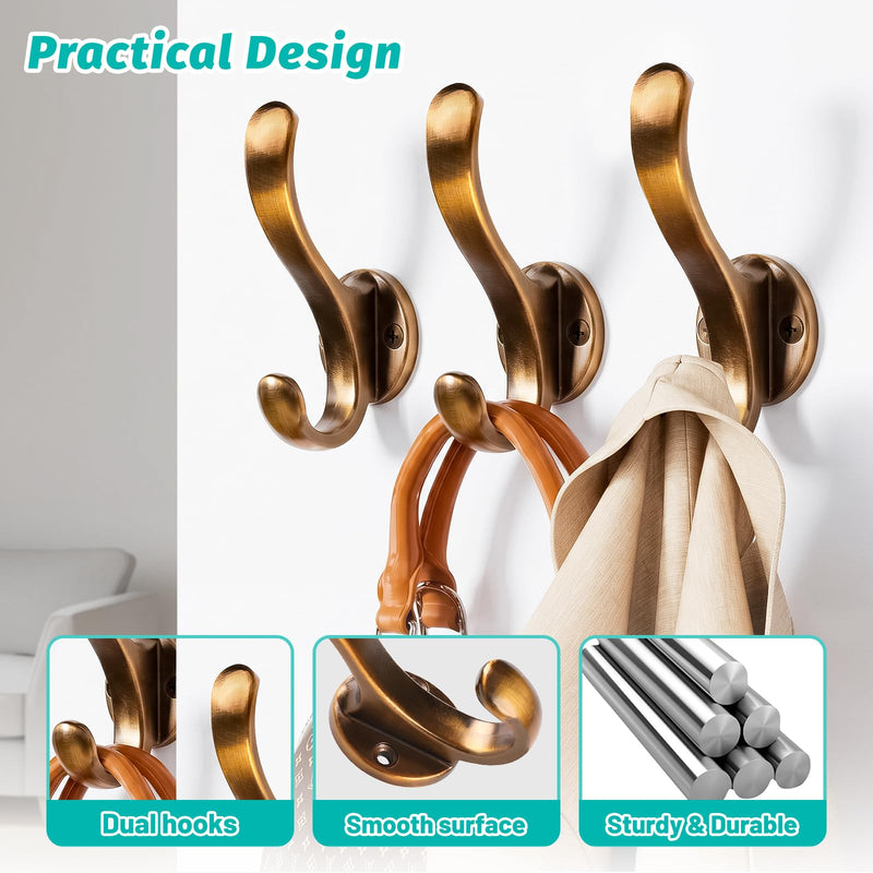Heavy Duty Wall Hooks, Black, Metal Mounting Hardware, 6-Pack, Double Prong Design, Decorative Coat Hangers with Screws, Anchors Coffee