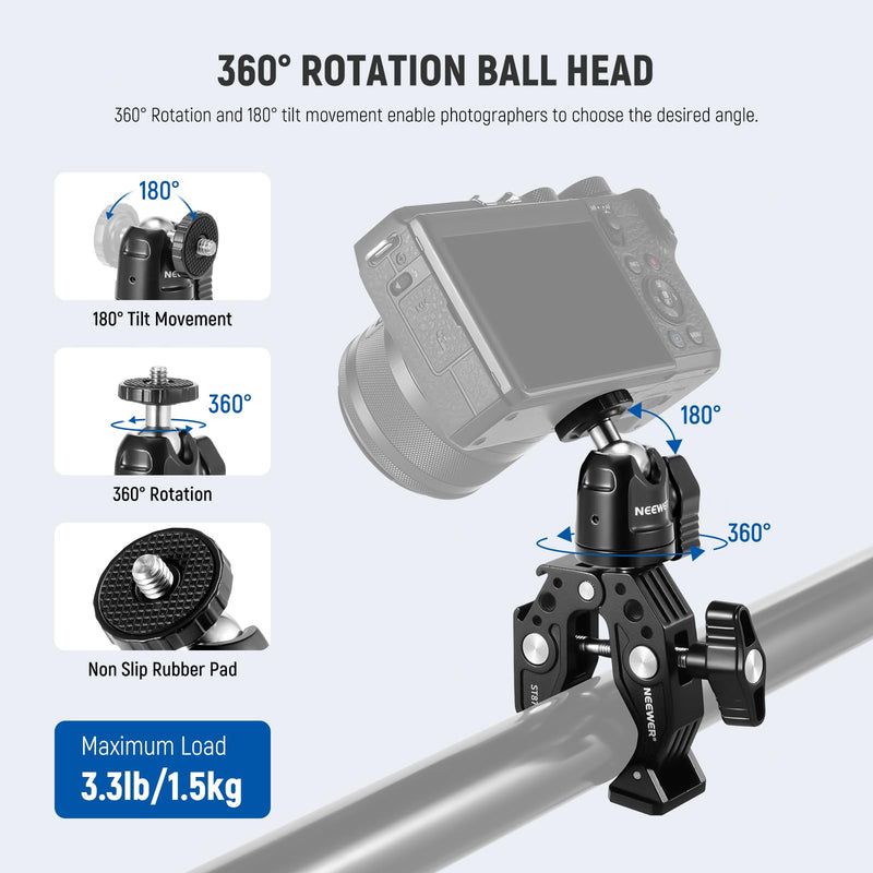 Neewer Super Clamp with Ballhead, Cold Shoe, Phone Holder and Action Camera Mount Adapter for Flat/Round Surface Compatible with GoPro DJI iPhone 15 Pro Max, ST87