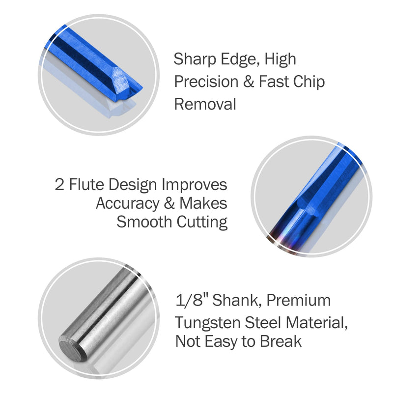 HQMaster CNC Router Bits 1/8 Router Bit Straight Router Bit 1 8 Shank Straight Flute End Mill Cutter 2-Flute Milling Cutting Tungsten Steel 22mm CEL/45mm OAL for MDF PVC Acrylic Chipboard Wood 10 Pack 3.175 x 22 x 45 mm