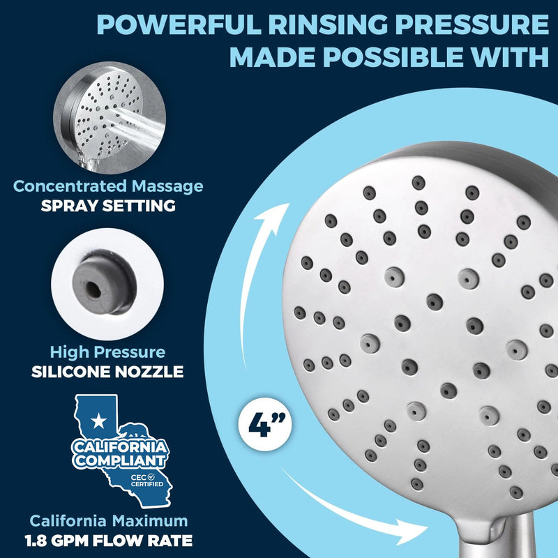 HammerHead Showers® Solid METAL 3-Spray Hand Held Shower Head, Brushed Nickel | Select from Wide, Massage, and Mist Sprays | 1.75 GPM Low Flow Handheld Showerhead | Made from 304 Stainless Steel