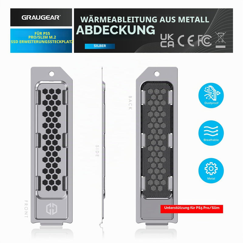 GRAUGEAR Heat Dissipating Metal Dust Cover for PS5 Slim/Pro, M.2 SSD | Dust cover for PS5 Slim/Pro PS5 M.2 SSD slot - cover with ventilation, ideal for PS5 Slim/Pro memory expansion