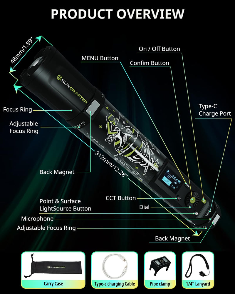 TL30 RGB Light Tube, RGBWW 360° Adjustable Magnetic Video Lighting Wand Stick with Smart APP Control, 2700K-10000K CRI96+ TLCI99+, 21 Scenes, Focus-Adjustable Spotlight, 5000mAh Battery